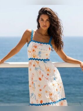 CeCe White Maxi Dress with Blue Trim and Multicolor Print
